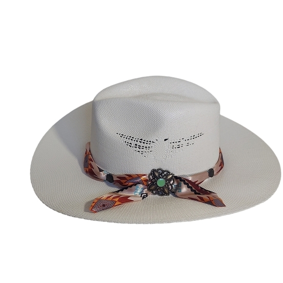 Stone Spirit Western Ivory Straw Cowgirl Hat Turquoise Concho Size M main image 14